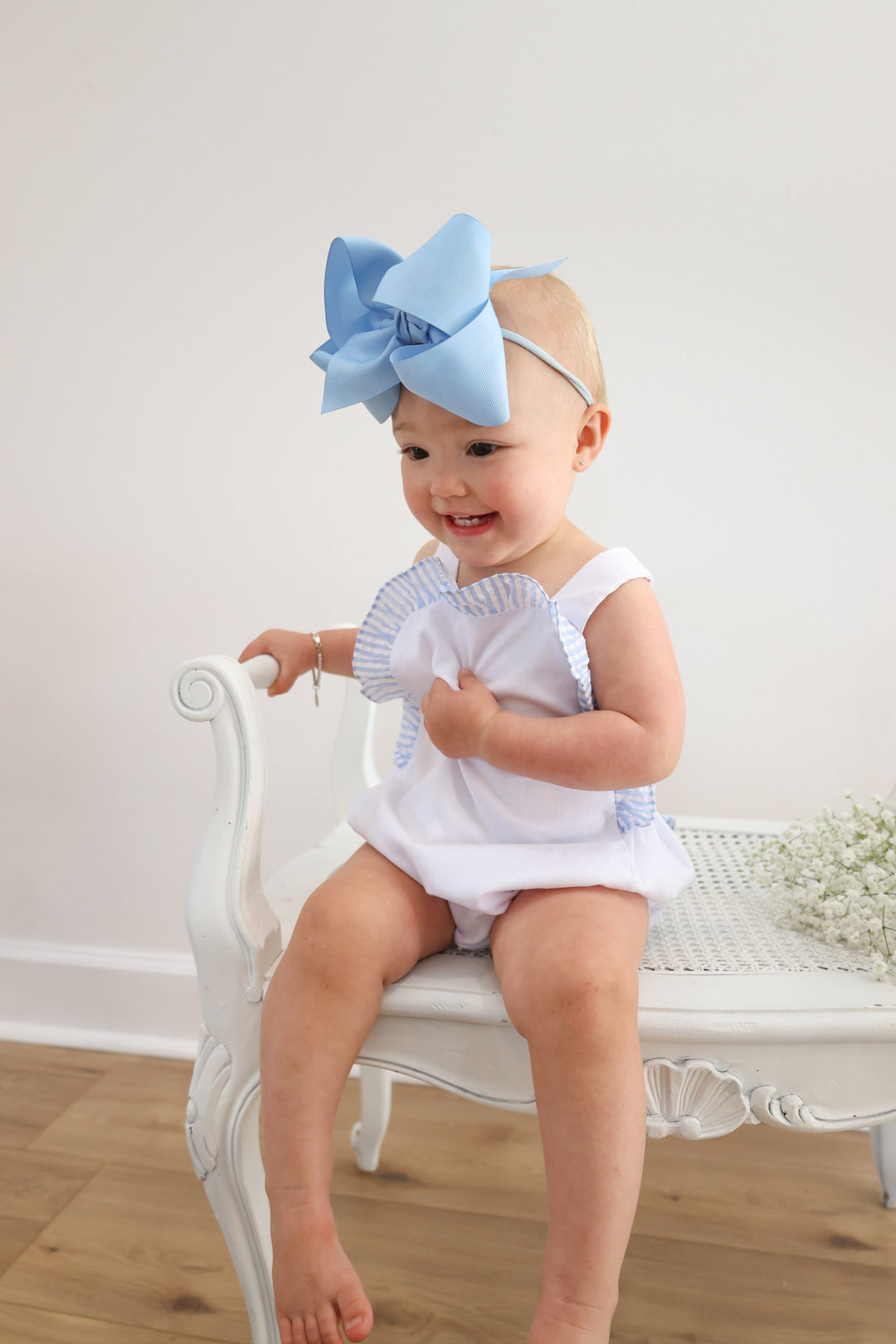 Blue Seersucker Ruffle Bubble with Bow Back