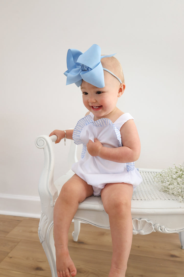 Blue Seersucker Ruffle Bubble with Bow Back