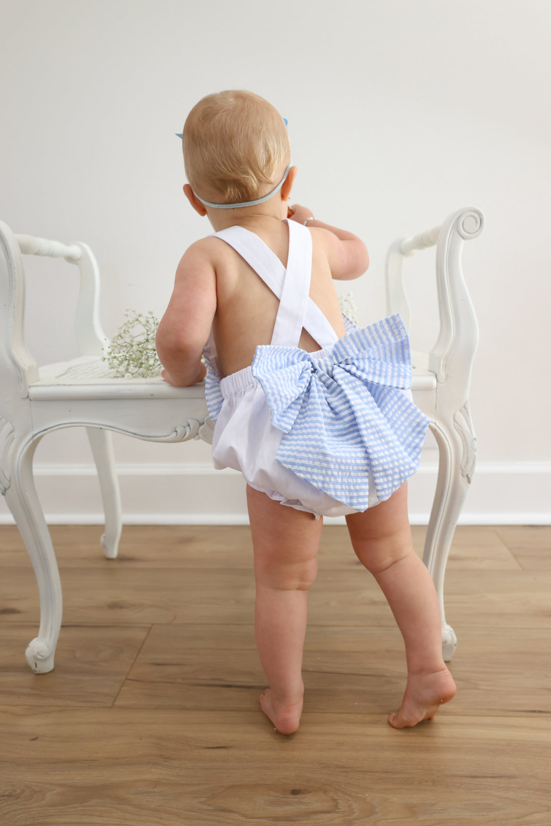 Blue Seersucker Ruffle Bubble with Bow Back