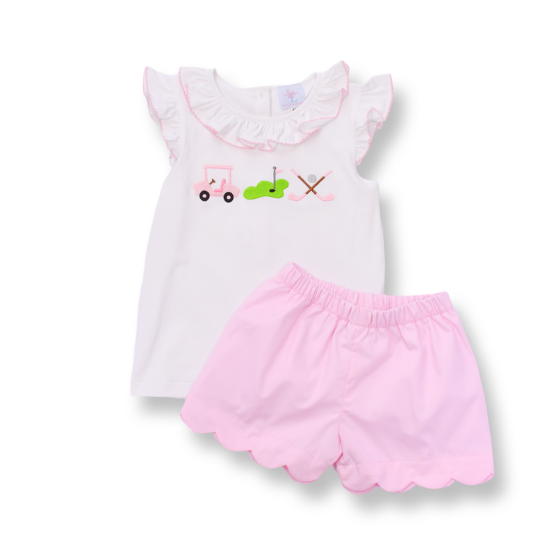 Pink Golf Cart Embroidered Ruffle Top and Scallop Shorts Set