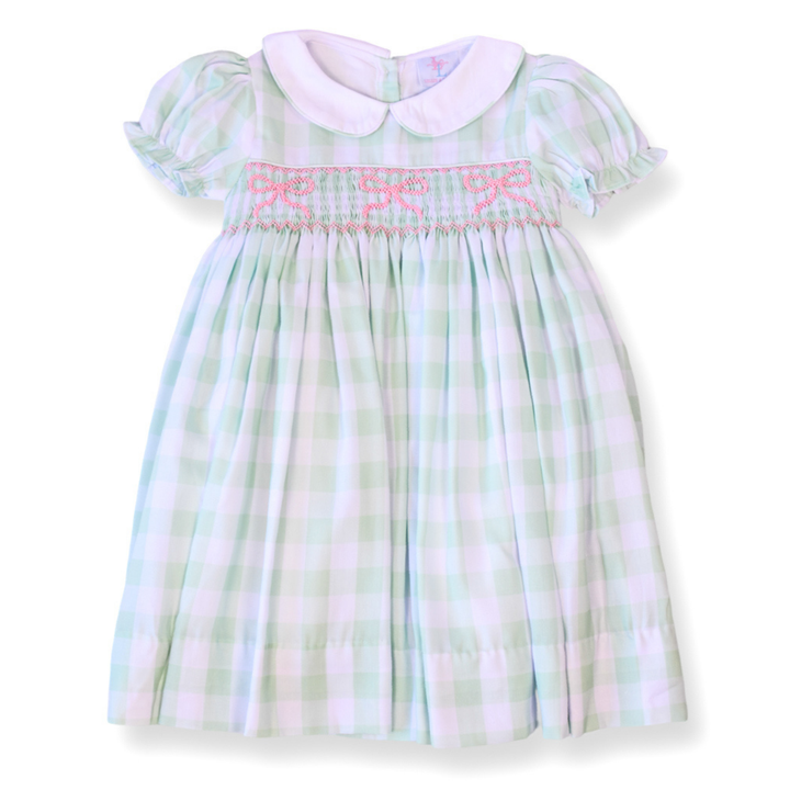 Green Gingham & Pink Bow Smocked Dress