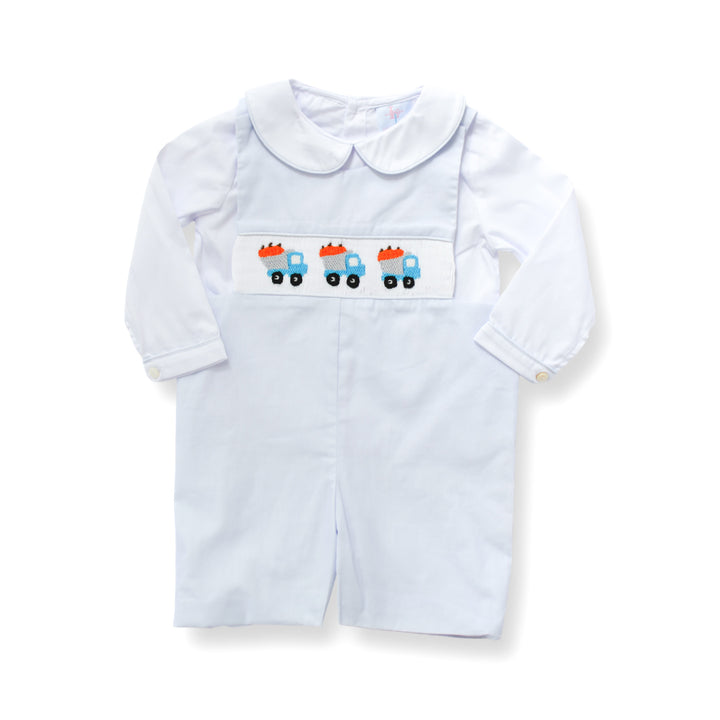 PRE-ORDER Boys Pumpkin Truck Smocked Shortall Set