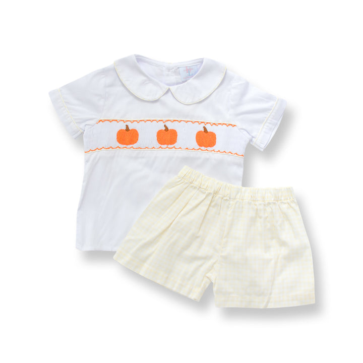 PRE-ORDER Pumpkin Smocked Shirt & Yellow Gingham Shorts Set