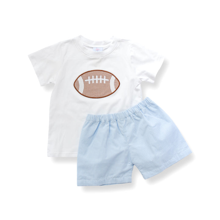 PRE-ORDER Boys Football Appliqué Blue Gingham Short Set