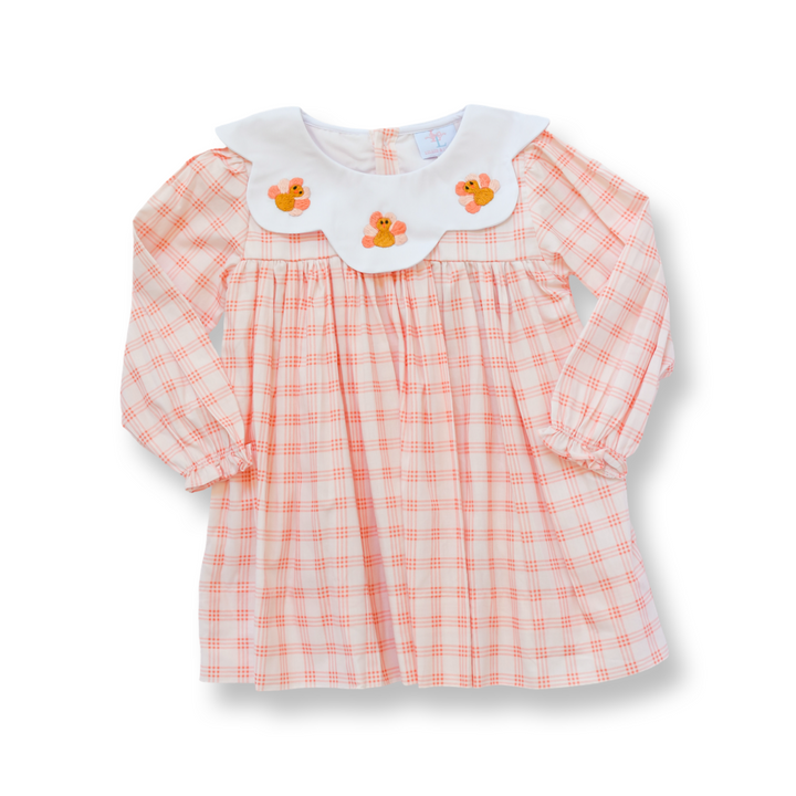 PRE-ORDER Girls Peach Gingham Turkey Collar Dress