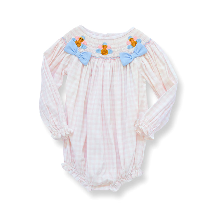 PRE-ORDER Girls Pink Gingham Turkey Smocked Bubble with Blue Bows
