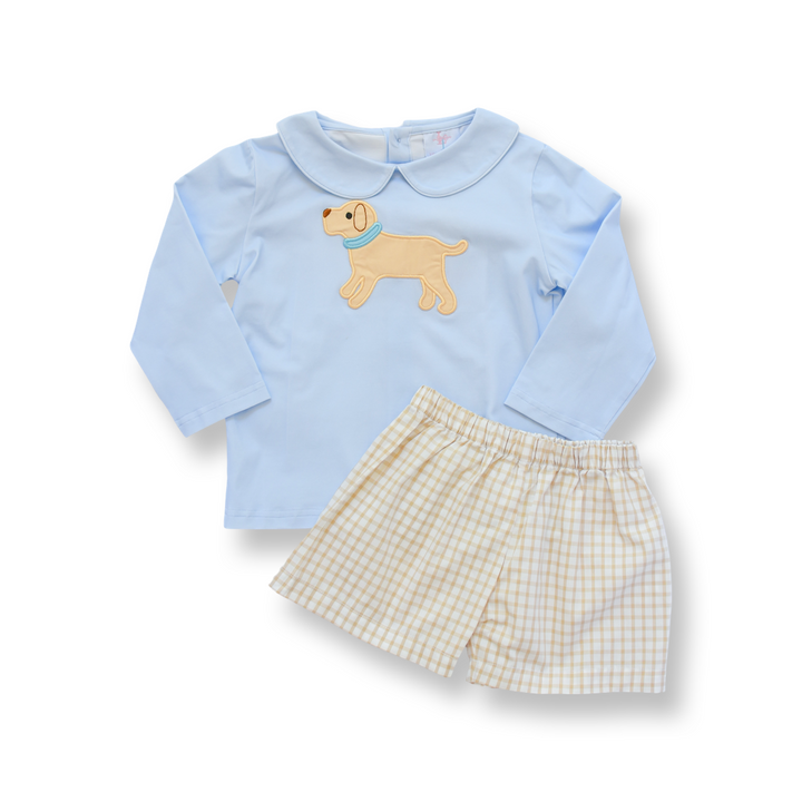 PRE-ORDER Boys Puppy Applique Shirt & Gingham Shorts Set