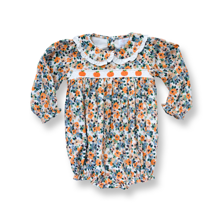 PRE-ORDER Girls Yellow Fall Floral Pumpkin Smocked Bubble
