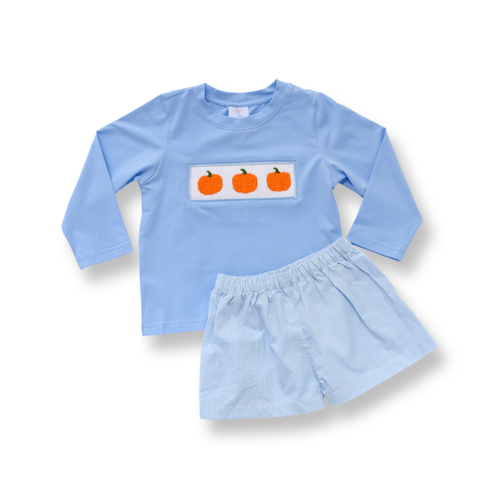 PRE-ORDER Boys Pumpkin Trio Long Sleeve Shirt & Gingham Short Set