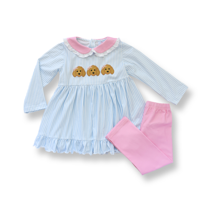 PRE-ORDER Girls Striped Puppy Appliqué Ruffle Legging Set