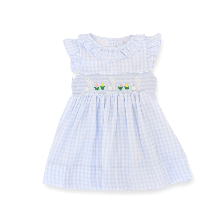 White Bunny on Blue Gingham Smocked Dress