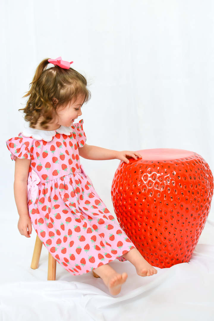 Girls Strawberry Dress with Scalloped Collar