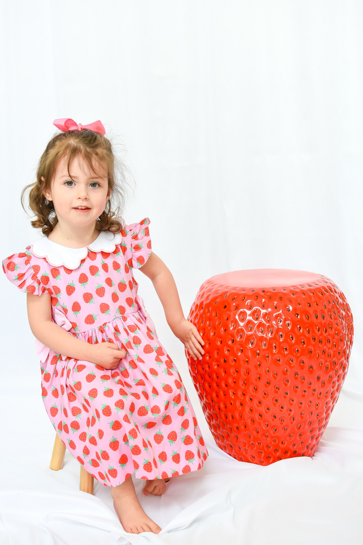 Girls Strawberry Dress with Scalloped Collar