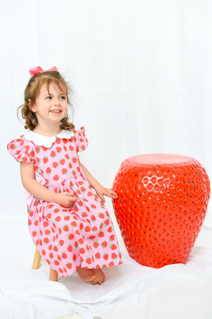 Girls Strawberry Dress with Scalloped Collar