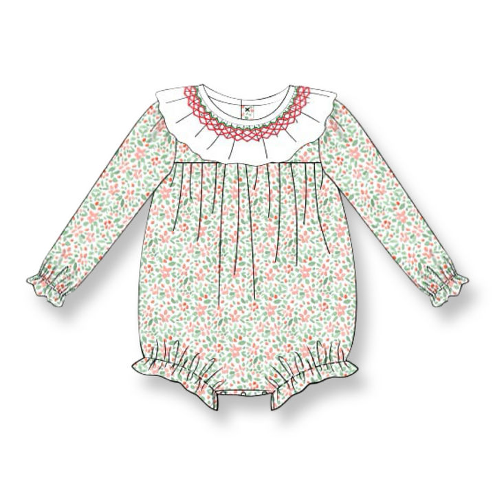 PRE-ORDER Girls Holly Print Smocked Bubble with Ruffle Collar
