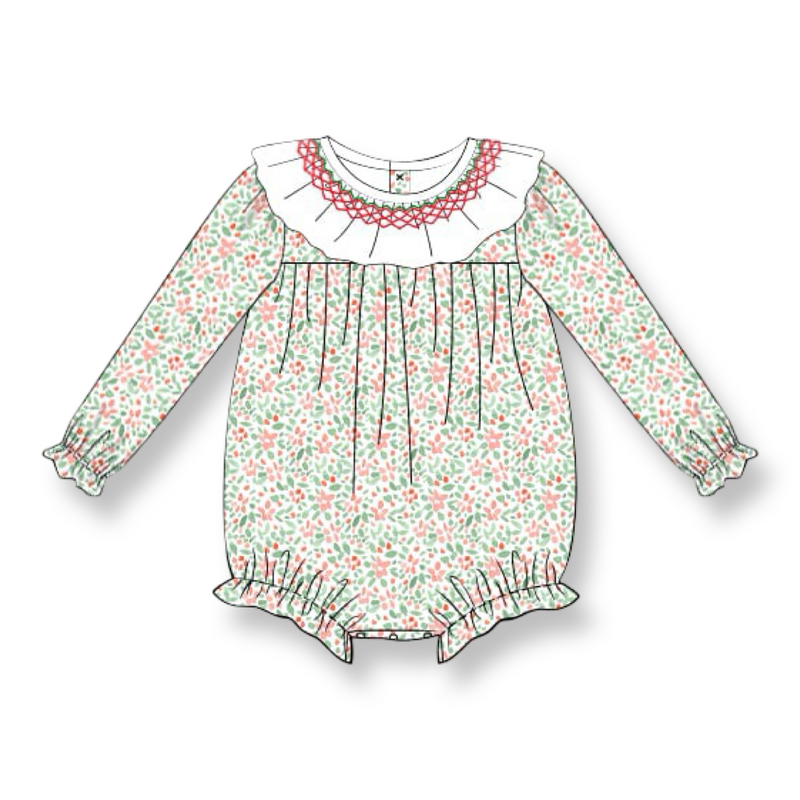 Girls Holly Print Smocked Bubble with Ruffle Collar