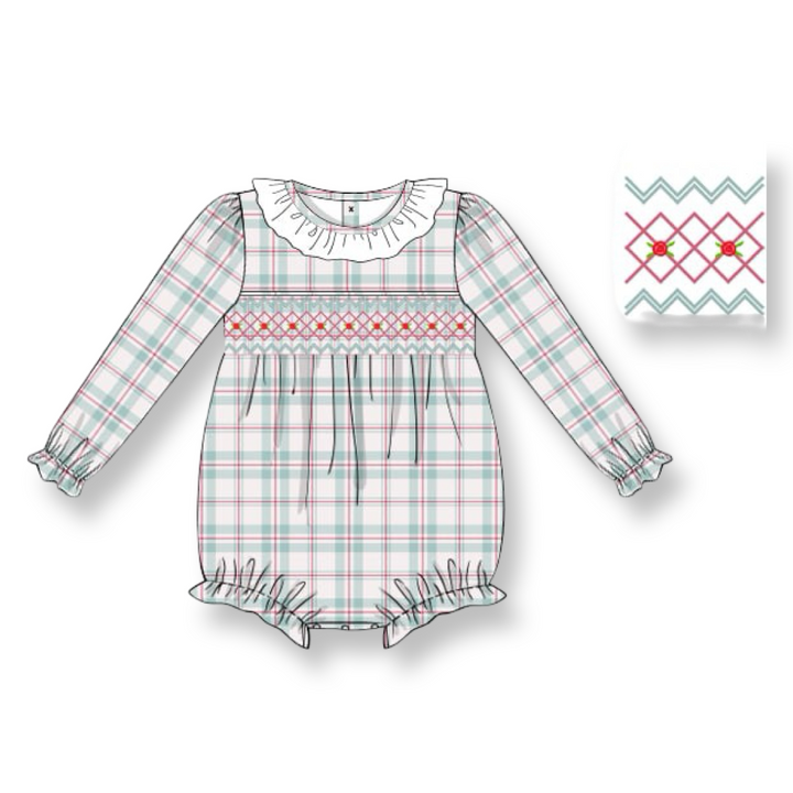 Girls Christmas Tartan Smocked Bubble