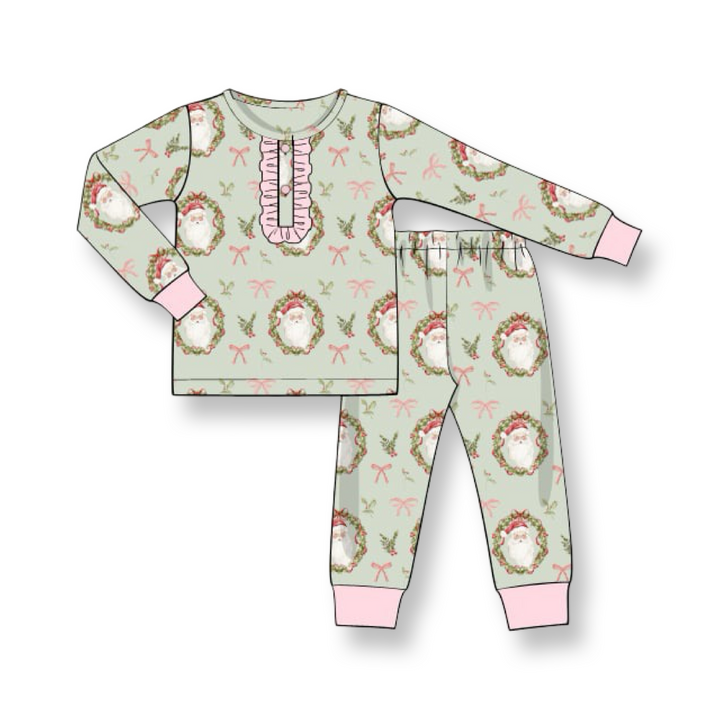 PRE-ORDER Girls Vintage Green Christmas Santa Two Piece Pajama Set