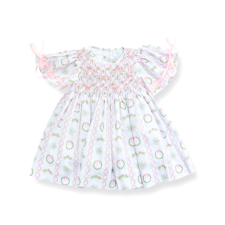 Girls Pink Christmas Wreath Smocked Dress