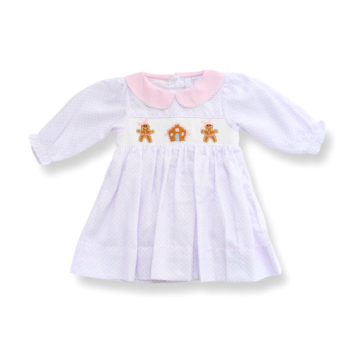 Girls Pink Polka Dot Smocked Gingerbread Dress