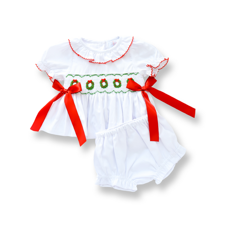Elsie Smocked Diaper Set with Red Bows