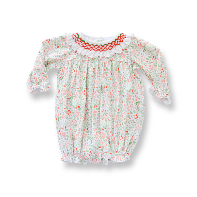 Girls Holly Print Smocked Bubble with Ruffle Collar