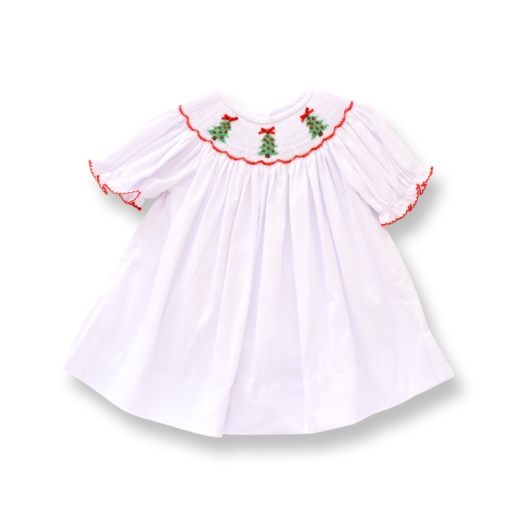 Christmas Tree White Smocked Dress