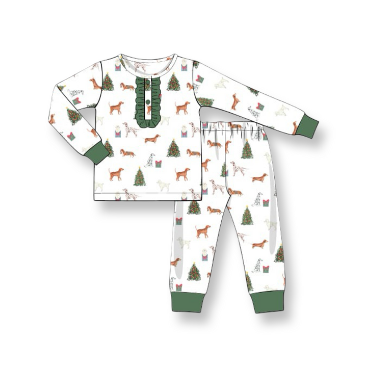 PRE-ORDER Girls Christmas Puppies Two Piece Pajama Set