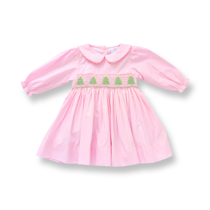 Girls Pink Christmas Tree Smocked Dress