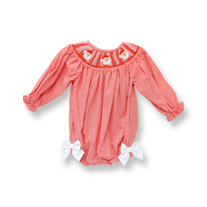 Girls Red Gingham Santa Smocked Bubble
