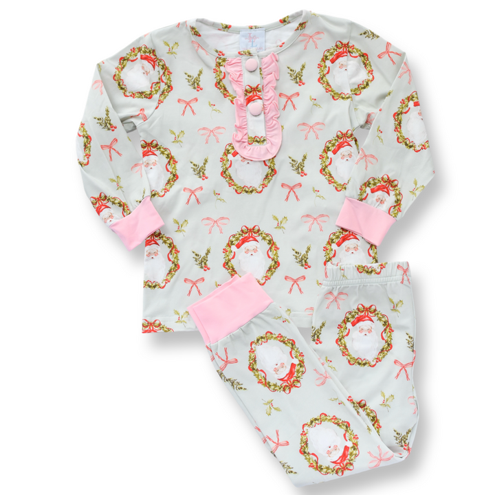 Girls Vintage Green Christmas Santa Two Piece Pajama Set