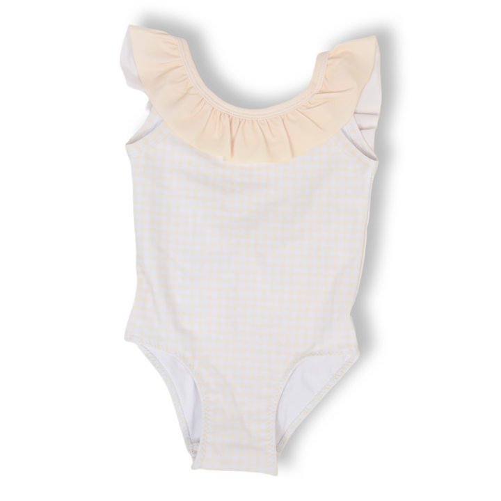Girls Yellow Gingham Ruffle Swimsuit with Back Bow