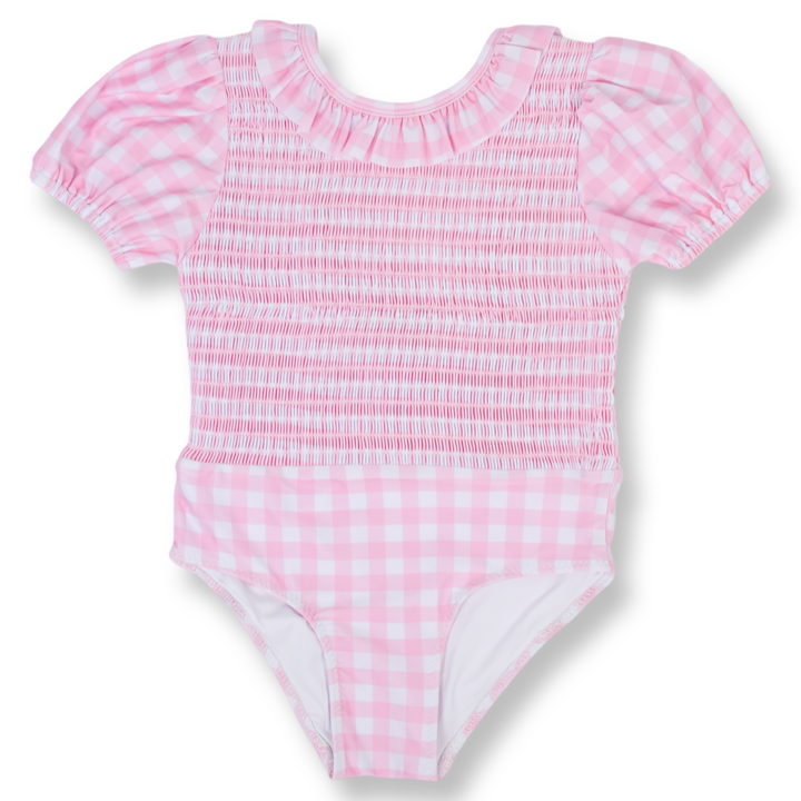 Girls Smocked One Piece Pink Gingham Puff Sleeve Swimsuit
