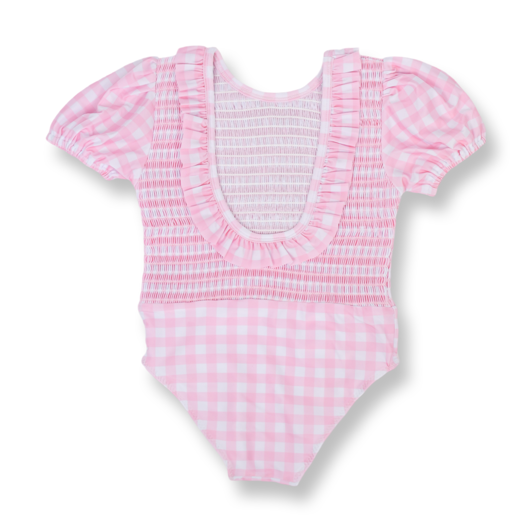 Girls Smocked One Piece Pink Gingham Puff Sleeve Swimsuit