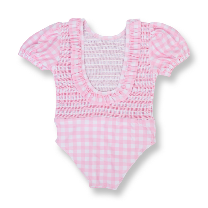 Girls Smocked One Piece Pink Gingham Puff Sleeve Swimsuit