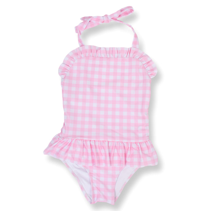 Girls Pink Gingham One Piece Swimsuit with Ruffles