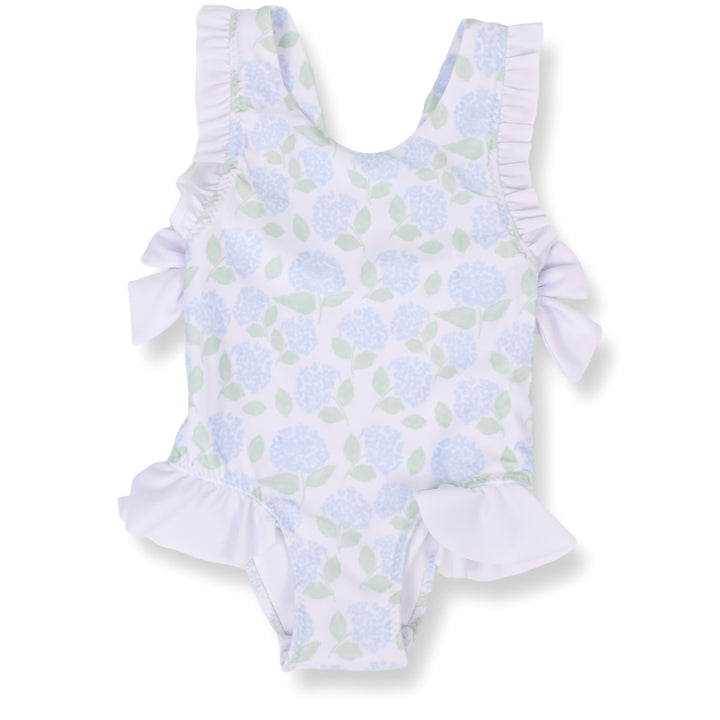 Girls Blue Hydrangea One Piece Ruffle Swimsuit