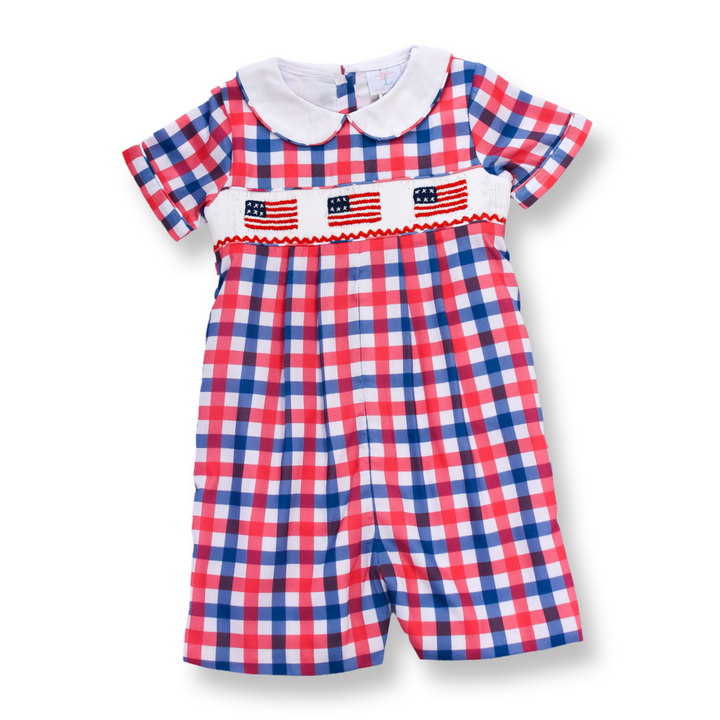 PRE-ORDER Red White Blue Gingham Patriotic Flag Smocked Boy Shortall