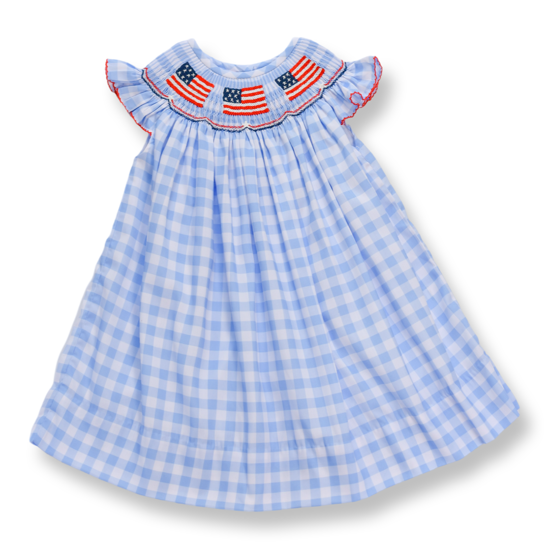 Patriotic Blue Gingham American Flag Smocked Dress Lillie & Lilah Patriotic Blue Gingham American Flag Smocked Dress Lillie & Lilah