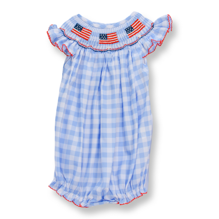 Patriotic Blue Gingham American Flag Smocked Bubble