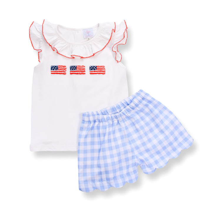 PRE-ORDER Patriotic Blue Gingham American Flag Smocked Short Set