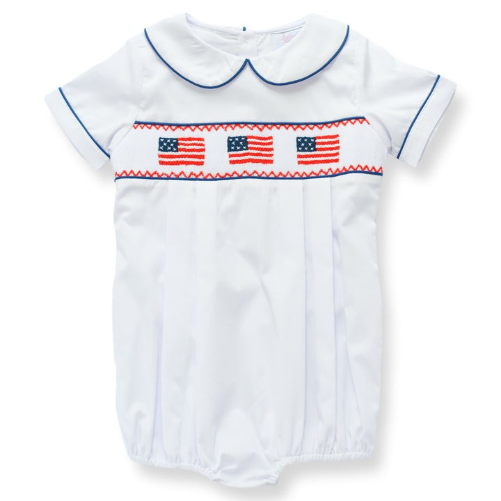 PRE-ORDER Patriotic Boys White Smocked American Flag Bubble