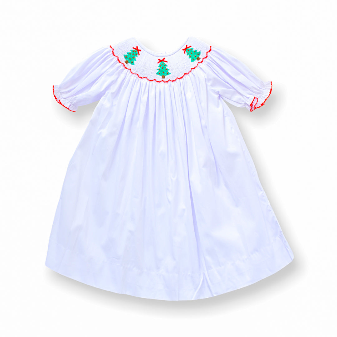 PRE-ORDER Christmas Tree White Smocked Dress