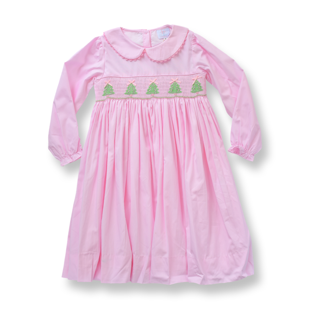 PRE-ORDER Girls Pink Christmas Tree Smocked  Dress