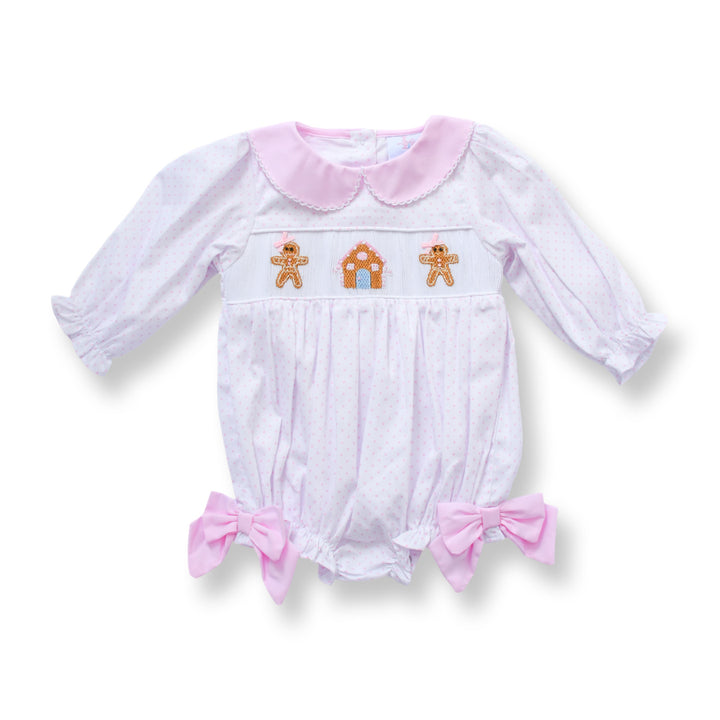 PRE-ORDER Girls Pink Polka Dot Smocked Gingerbread Bubble