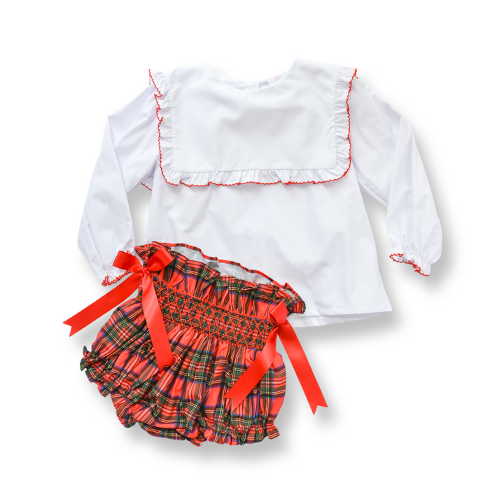 PRE-ORDER Girls Red Tartan Christmas Smocked Diaper Set