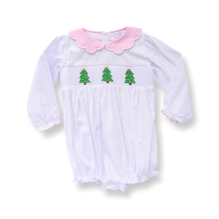 PRE-ORDER Girls White Christmas Tree Smocked Bubble with Pink Scalloped Collar