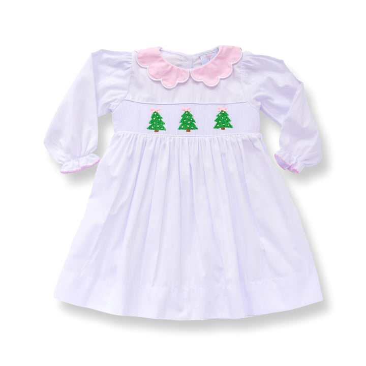 PRE-ORDER Girls White Christmas Tree Smocked Dress with Pink Scalloped Collar