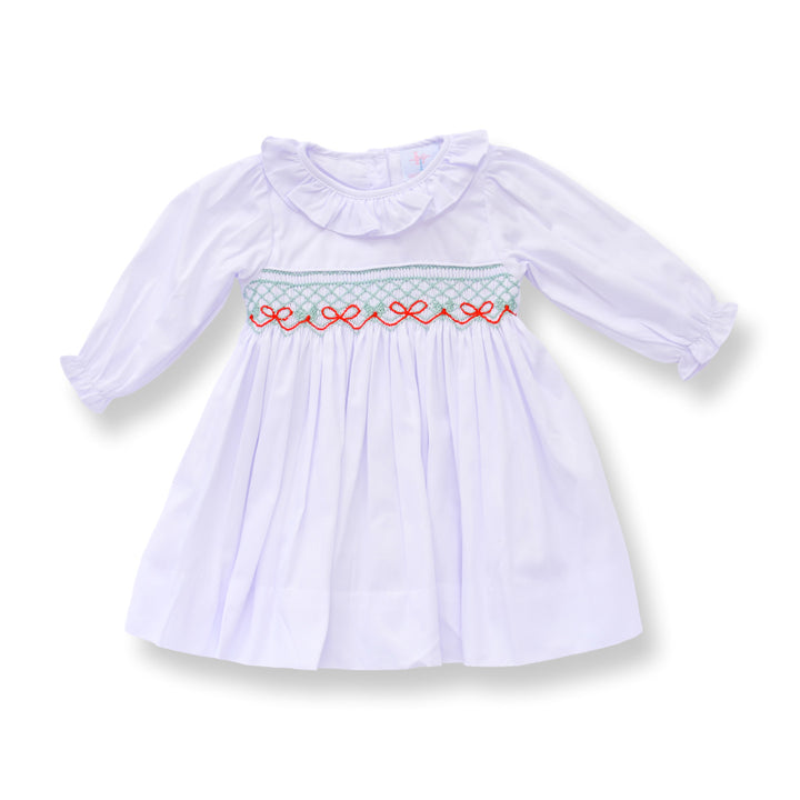 PRE-ORDER Blakely Red Bow Christmas Smocked Dress in White