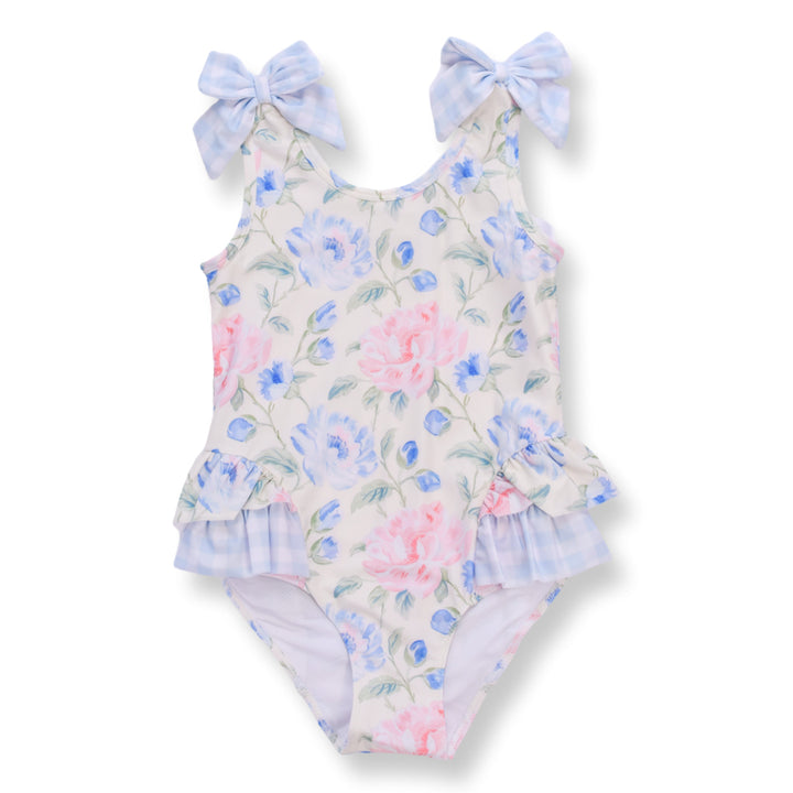 Girls Yellow Floral One-Piece Swimsuit with Gingham Bows